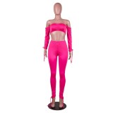 Solid Color 2pc Sexy Strapless Crop Top and Stacked Pants Set