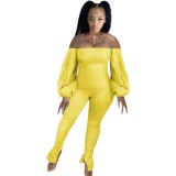 Solid Color Strapless Stacked Jumpsuit with Puff Sleeves