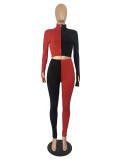 Autumn 2pc Matching Contrast Fitted Crop Top and High Waist Pants Set