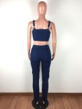 Two Piece Matching Denim Blue Strap Crop Top and Jeans Set