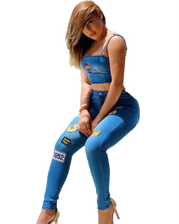 Two Piece Matching Denim Blue Strap Crop Top and Jeans Set