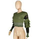 Green Stylish Crop Top with Ruffles Sleeves