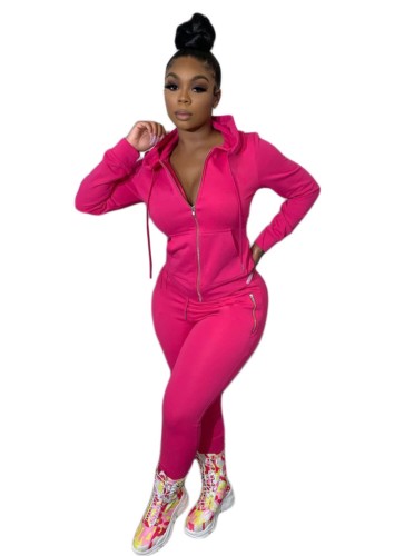 Solid Color Long Sleeves Pocketed Hoodie Tracksuit