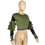 Green Stylish Crop Top with Ruffles Sleeves