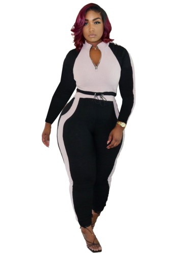 Two-Piece Matching Contrast Ziper Top and Pants Set