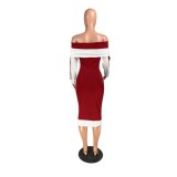 Turndown Shoulder Contrast Long Sleeve Elegant Midi Dress