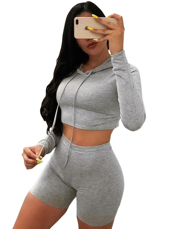 Autumn Solid Color Hoodie Crop Top and Shorts Set