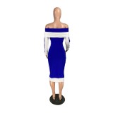 Turndown Shoulder Contrast Long Sleeve Elegant Midi Dress