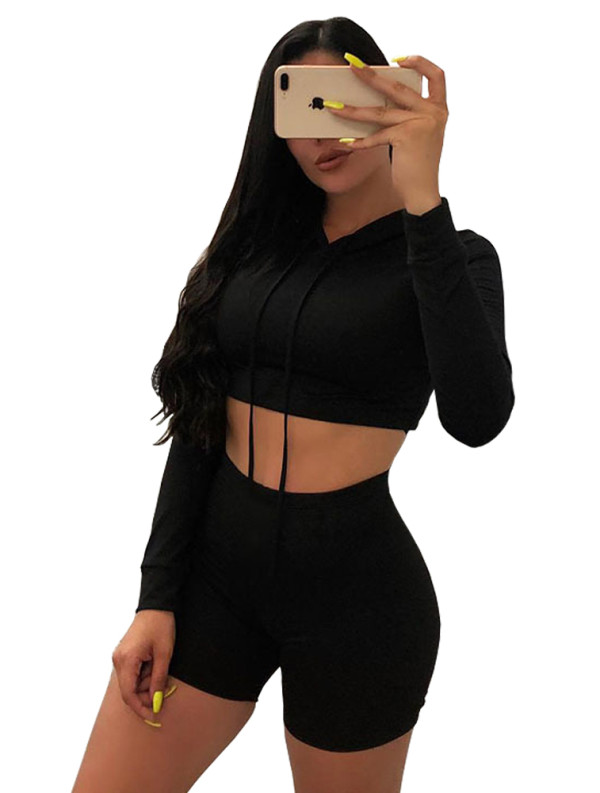 Autumn Solid Color Hoodie Crop Top and Shorts Set