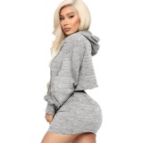 Autumn Solid Color Hoodie Crop Top and Mini Skirt Set