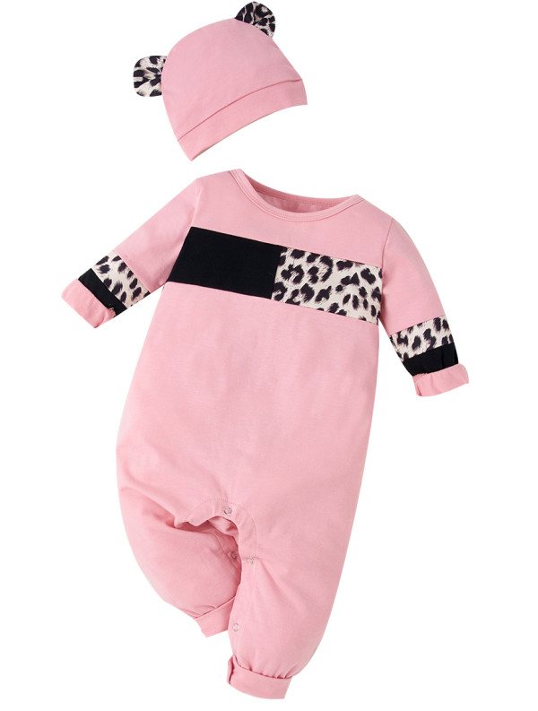 Baby Girl Autumn Contrast Leopard Rompers Jumpsuit with Matching Heat