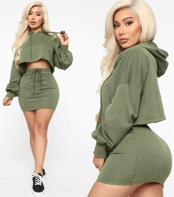 Autumn Solid Color Hoodie Crop Top and Mini Skirt Set