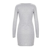 Autumn Grey Long Sleeve V-Neck Mini Dress