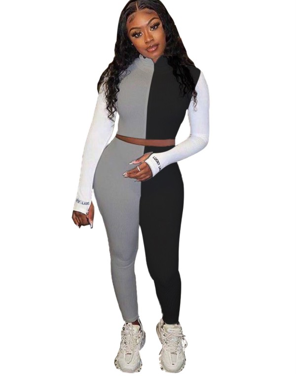 Sports Fitness Knitted Contrast Crop Top and Pants Set