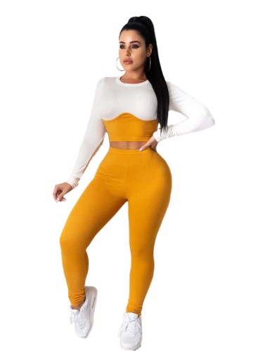 Conjunto de calças sexy de duas peças contrastantes bodycon corte e cintura alta