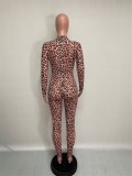 Leopard Print See Through Sexy Bodycon Jumpsuit with Full Sleeves