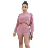 Matching Two Piece Pink Knitted Crop Top and Shorts Set
