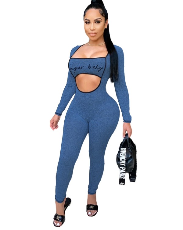 Print Cut Out Sexy Long Sleeve Bodycon Jumpsuit