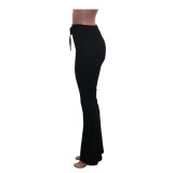 Solid Color High Waist Drawstring Flare Pants