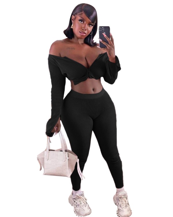 Sexy Two Piece Solid Plain Zipper Crop Top and Pants Set