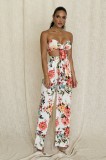 Floral Print Knotted Bandeau Top and Matching High Waist Pants Set