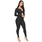 Sexy Two Piece Solid Plain Zipper Crop Top and Pants Set