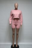 Matching Two Piece Pink Knitted Crop Top and Shorts Set