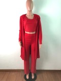 Solid Color 3pc Knitting Top + Pants + Cardigan Set