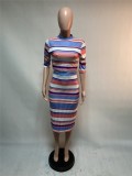 Matching Two Piece Colorful Stripes Crop Top and Midi Skirt Set