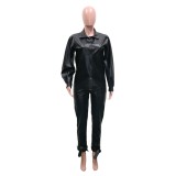 Black Leather Long Sleeve Top and Pants Set