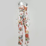 Floral Print Knotted Bandeau Top and Matching High Waist Pants Set