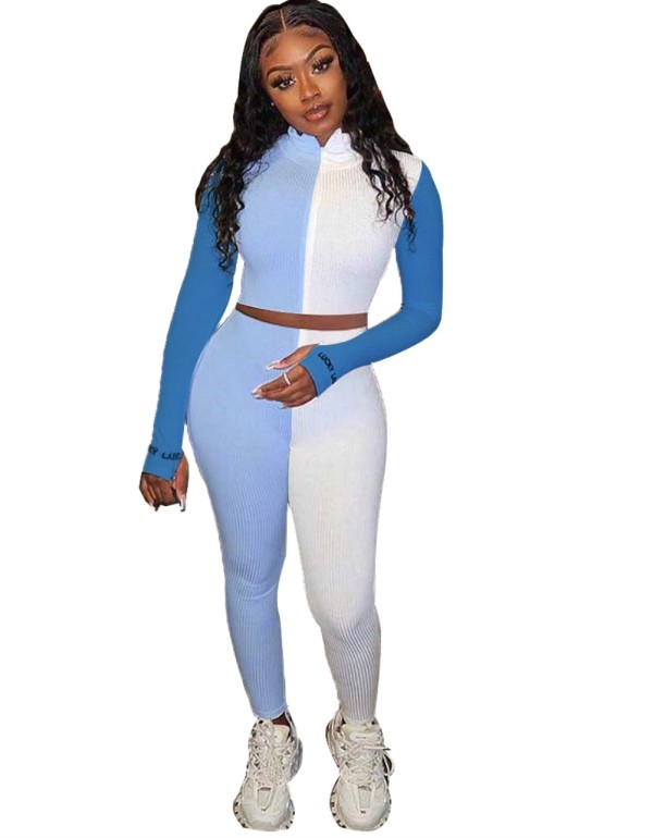 Sports Fitness Knitted Contrast Crop Top and Pants Set