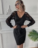 Black Elegant Wrapped Mini Dress with Lace Sleeves