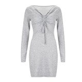 Autumn Grey Long Sleeve V-Neck Mini Dress