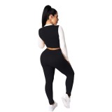 Sexy Two Piece Contrast Bodycon Crop Top and High Waist Pants Set