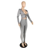 Grey Two Piece Bodycon Tied Crop Top and High Waist Pants Set