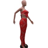 Print Red Two Piece Sexy Crop Top and Pants Set
