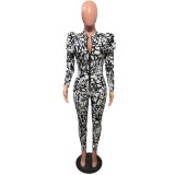 Sexy Deep-V Print Bodycon Jumpsuit with Pop Sleeves