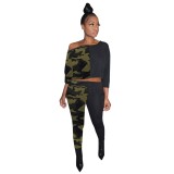 Autumn Matching Two Piece Camou Crop Top and Pants Set