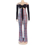 Autumn Long Sleeves Knotted Bandeau Top with Plaid Suspender Pants