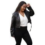 Plus Size Black Leather Zipper Short Jacket