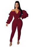 Off Shoulder Bodycon Zipper Jumpsuit with Puff Sleeves