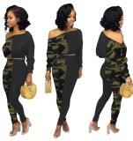 Autumn Matching Two Piece Camou Crop Top and Pants Set