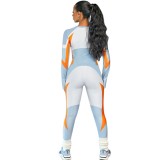 Sports Fitness Contrast Long Sleeve Bodycon Jumpsuit