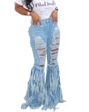 Stylish High Waist Ripped Flare Fringe Jeans