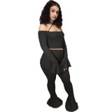 Solid Color Sexy Wide Cuffs Crop Top and Bell Bottom Pants Set