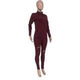Autumn Solid Plain Fitted Sexy Ripped Hoodie Tracksuit