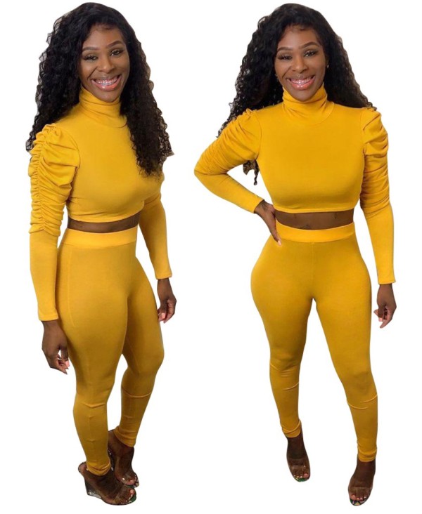 Sexy Two Piece Fitted Puff Sleeve Crop Top and Pants Set