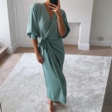 Western Elegant Solid Plain Knitted Wrapped Long Dress