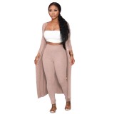 Autumn Solid Plain Tight Pants and Long Cardigans Set